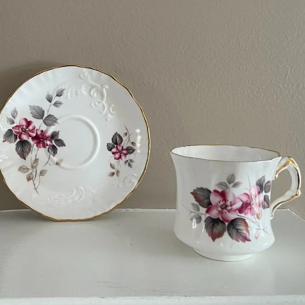 VTG Hammersley, Spode, Fine Bone China Teacup & Saucer, Floral, Pink, Gray